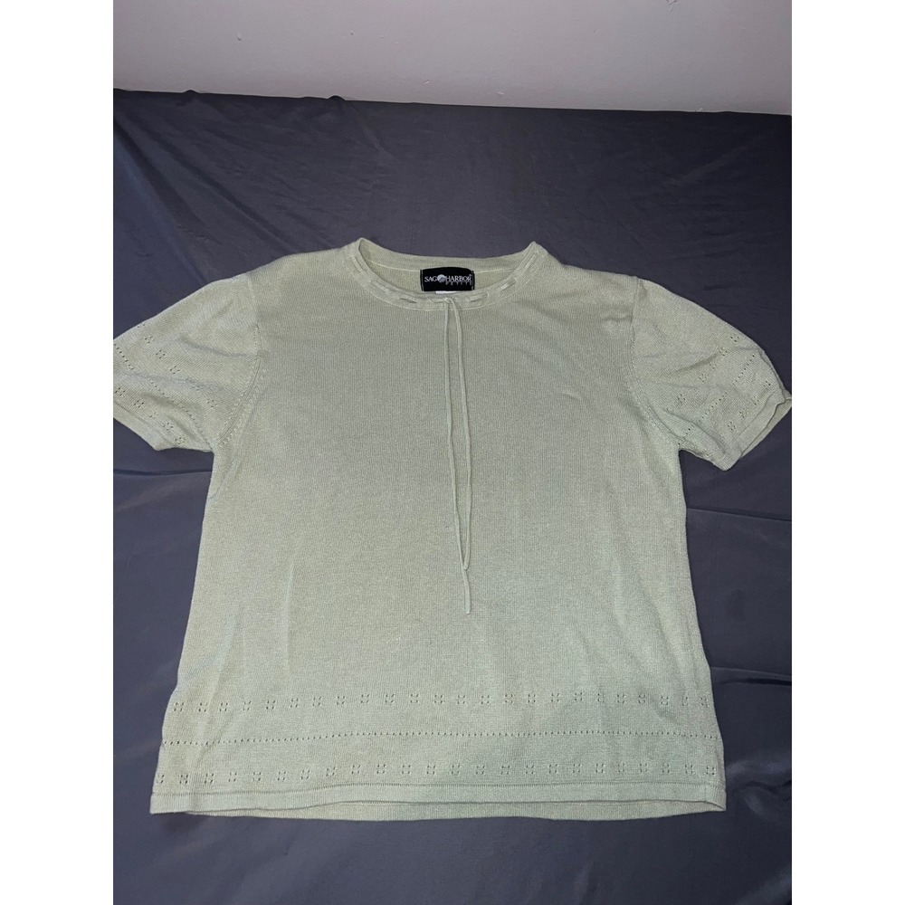 Sag Harbor Petite Sage Green Short Sleeve Ramie Cotton Knit Top Large S02124